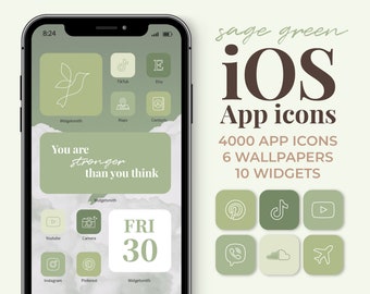 Saliegroen iOS App-pictogrammen Esthetisch | 4000 neutrale iPhone-app-covers Wallpapers-widgetspakket | Startscherm aanpassen