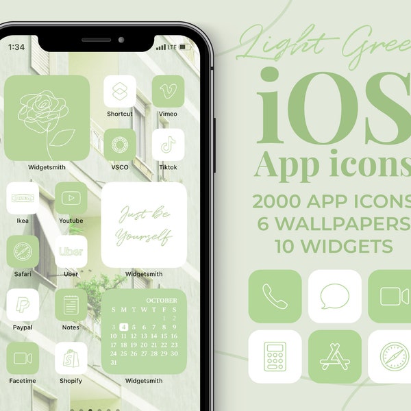 Iconos de aplicaciones iOS verde claro Estética / Portada de aplicación iPhone iPad 2000 Fondo de pantalla Conjunto de widgets / Pantalla de inicio neutral / Accesos directos