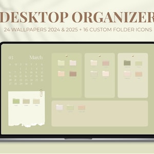 Sage Green Desktop Wallpaper organizer + Folder Icons for Mac, Windows | Calendar 2024 - 2025 Minimalist Neutral
