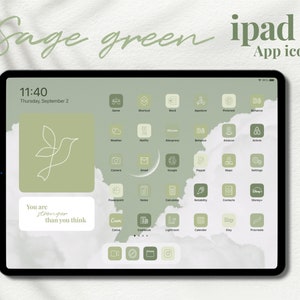 Puede incluir: Una pantalla de iPad verde salvia con un diseño personalizado de iconos de aplicaciones. Los iconos están delineados en blanco y tienen un fondo verde. La pantalla muestra la fecha y la hora, "Jueves, 2 de septiembre" y "11:40". El texto "You are stronger than you think" se muestra en la pantalla.