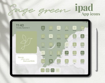 Iconos estéticos para iPad iOS en color verde salvia / Paquete de 4000 iconos, fondos de pantalla y widgets