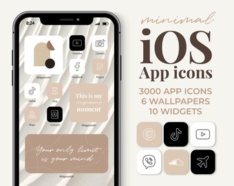 Può includere: Lo schermo di uno smartphone che mostra una collezione di icone di app iOS minimaliste in uno schema di colori beige e nero. Le icone includono app popolari come TikTok, YouTube, Facebook e Instagram. Il testo "This is my inspiring moment" e "Your only limit is your mind" è anche visualizzato sullo schermo.