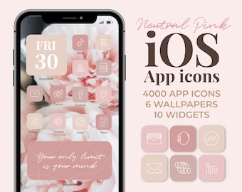 May include: An iPhone mockup with a floral background in shades of pink and white. The screen displays a custom app icon set with a neutral pink colour scheme. The text "Neutral Pink iOS App Icons" is displayed above the phone. The text "4000 APP ICONS 6 WALLPAPERS 10 WIDGETS" is displayed below the phone. The phone screen also displays the text "Your only limit is your mind".