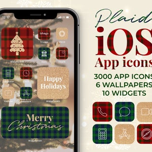 May include: A smartphone screen displaying custom app icons with a plaid Christmas theme. The icons include a Christmas tree, calculator, clock, and the words "Happy Holidays" and "Merry Christmas". The image also shows the words "Plaid iOS App icons".