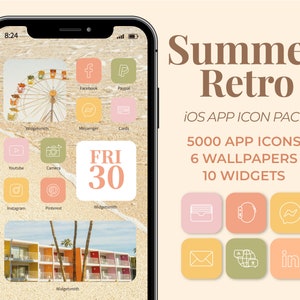 Esthétique des icônes de l&#39;application iOS rétro d&#39;été | Couvertures d&#39;applications iPhone 5000 Beach Ocean Fonds d&#39;écran Pack de widgets | Personnaliser l&#39;écran d&#39;accueil