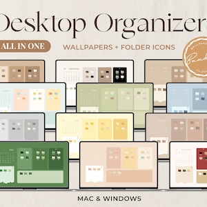 Desktop Organizer Wallpapers + Folder Icons Bundle for MAC / Windows | Aesthetic 2024 & 2025 Digital Calendar | Work, Study, Business
