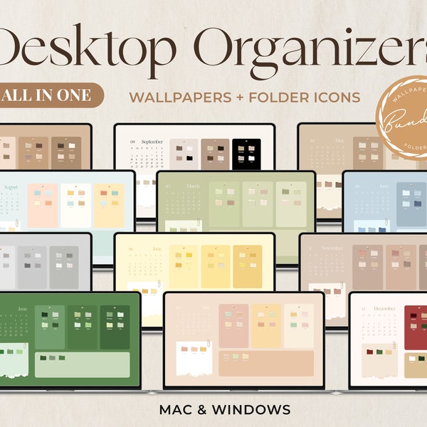 Desktop Organizer Wallpapers + Folder Icons Bundle for MAC / Windows | Aesthetic 2023 & 2024 Digital Calendar | Work, Study, Business