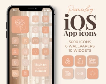 May include: A smartphone screen showing custom peachy-toned app icons. The icons represent various apps, including social media and utilities. The image also features the text "Peachy iOS App icons" and details: 5000 icons, 6 wallpapers, and 10 widgets.