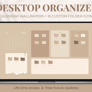 Warm Beige Desktop Wallpaper Organizer + Folder Icons for Mac, Windows | Calendar 2025 - 2026 Wallpaper | Free Future Updates