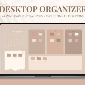 Neutral Pink Desktop Wallpaper Organizer + Folder Icons for Mac, Windows | Calendar 2024 - 2025 Minimalist Aesthetic