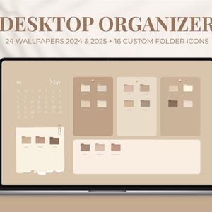 Warm Beige Desktop Wallpaper Organizer + Ordner-Icons für Mac, Windows | Kalender 2024 - 2025 Wallpaper Minimalistisch Neutral