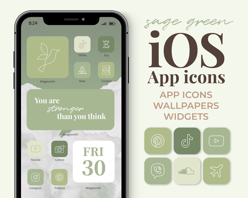 Sage Green iOS 14-15 App icons Aesthetic | 1200 Neutral iPhone app covers Wallpapers Widgets pack | Customize Home screen 