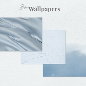 Puede incluir: Tres papeles pintados abstractos azules y blancos con textura. El primero es un primer plano de una tela lisa de color azul claro con pliegues. El segundo es una superficie texturizada blanca con l&iacute;neas de color azul claro. El tercero es un fondo de acuarela azul claro con motas blancas.