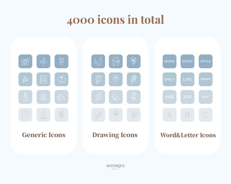 Puede incluir: Un gr&aacute;fico que muestra tres categor&iacute;as de iconos: Gen&eacute;ricos, Dibujo y Palabra y Letra. Cada categor&iacute;a tiene una cuadr&iacute;cula de 12 iconos con un fondo azul. Los iconos son todos dibujos de l&iacute;neas en un estilo minimalista.