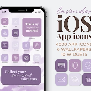 May include: A lavender-themed iOS app icon pack with 4,000 icons, 6 wallpapers, and 10 widgets. The icons are displayed on a purple and white phone screen with a blurred background. The text "This is my inspiring moment" is displayed on the phone screen. The text "lavender iOS App icons" is displayed in a large font on the right side of the image. The text "4000 APP ICONS 6 WALLPAPERS 10 WIDGETS" is displayed below the text "lavender iOS App icons".