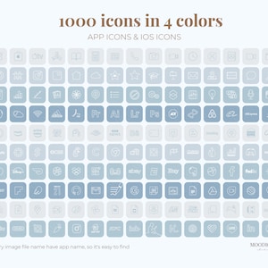 Puede incluir: Una cuadr&iacute;cula de 1000 iconos de aplicaciones en cuatro colores: blanco, azul claro, azul medio y azul oscuro. Los iconos est&aacute;n dispuestos en una cuadr&iacute;cula y todos est&aacute;n delineados en blanco. El texto "1000 iconos en 4 colores" est&aacute; en la parte superior de la imagen, y el texto "IC&Oacute;NOS DE APLICACIONES E IC&Oacute;NOS IOS" est&aacute; debajo. El texto "Cada nombre de archivo de imagen tiene el nombre de la aplicaci&oacute;n, por lo que es f&aacute;cil de encontrar" est&aacute; en la parte inferior de la imagen, y el texto "MOODIQUE studio" est&aacute; en la esquina inferior derecha.