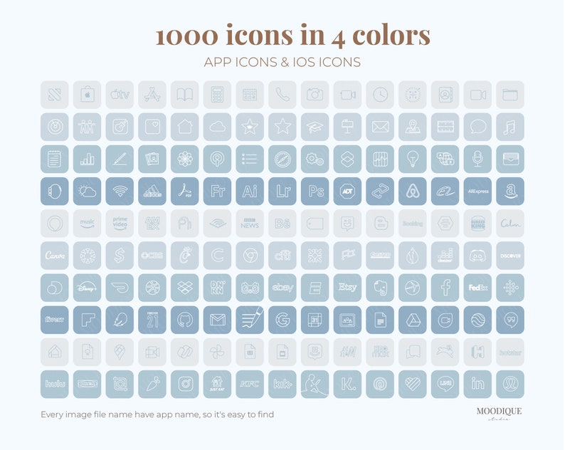 Puede incluir: Una cuadr&iacute;cula de 1000 iconos de aplicaciones en cuatro colores: blanco, azul claro, azul medio y azul oscuro. Los iconos est&aacute;n dispuestos en una cuadr&iacute;cula y todos est&aacute;n delineados en blanco. El texto "1000 iconos en 4 colores" est&aacute; en la parte superior de la imagen, y el texto "IC&Oacute;NOS DE APLICACIONES E IC&Oacute;NOS IOS" est&aacute; debajo. El texto "Cada nombre de archivo de imagen tiene el nombre de la aplicaci&oacute;n, por lo que es f&aacute;cil de encontrar" est&aacute; en la parte inferior de la imagen, y el texto "MOODIQUE studio" est&aacute; en la esquina inferior derecha.
