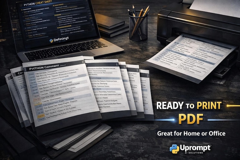 May include: A laptop displaying a Python cheat sheet sits next to printed PDF documents. A printer is outputting a document with a table. The image includes the text "READY TO PRINT PDF" and "Great for Home or Office".