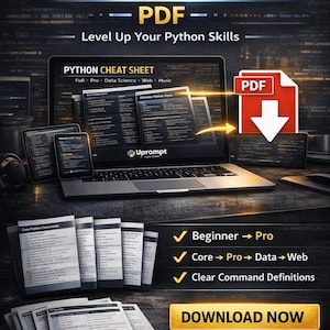 May include: A digital advertisement for a Python cheat sheet PDF. The image features a laptop, tablets, and printed cheat sheets. Text includes "Beginner to Pro," "Python Cheat Sheet," and "Download Now." The PDF icon is red with a white arrow.