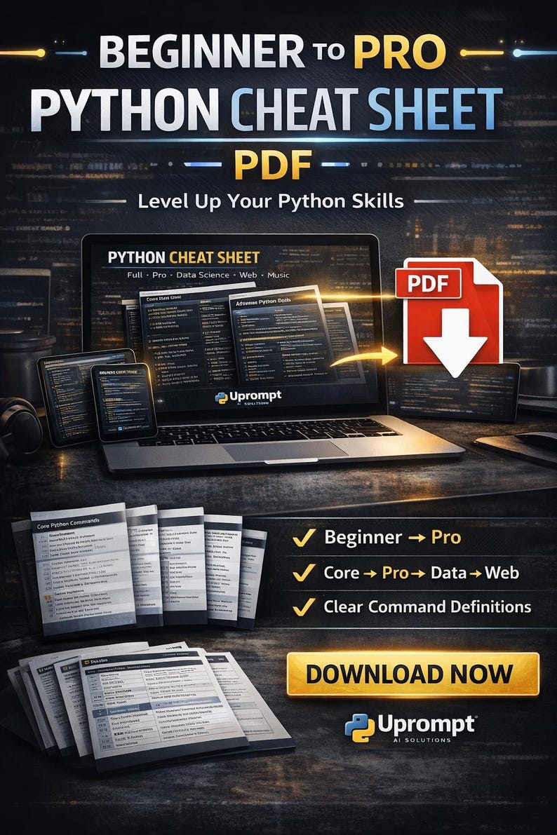 May include: A digital advertisement for a Python cheat sheet PDF. The image features a laptop, tablets, and printed cheat sheets. Text includes "Beginner to Pro," "Python Cheat Sheet," and "Download Now." The PDF icon is red with a white arrow.