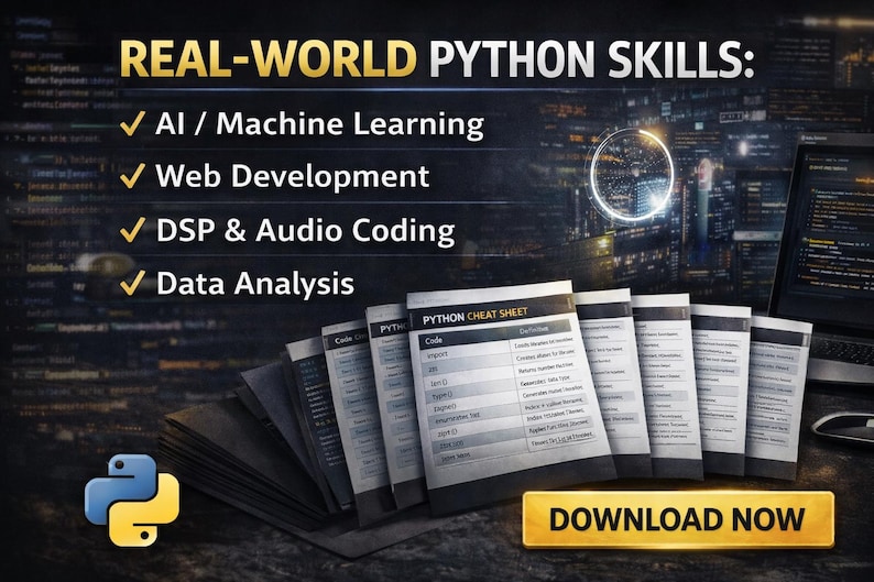 May include: Image promoting Python skills with text: "REAL-WORLD PYTHON SKILLS: AI / Machine Learning, Web Development, DSP & Audio Coding, Data Analysis." Includes Python cheat sheets and a "DOWNLOAD NOW" button. A laptop and the Python logo are also visible.