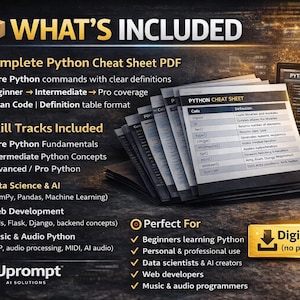 May include: A digital PDF titled "Complete Python Cheat Sheet" is displayed, showcasing Python commands, skill tracks, and web development topics. The image includes a laptop, headphones, and the text "What's Included."