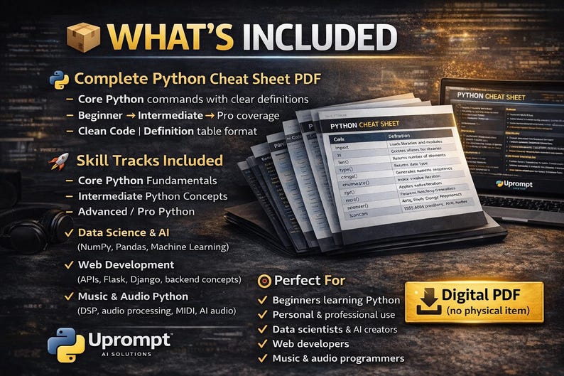 May include: A digital PDF titled "Complete Python Cheat Sheet" is displayed, showcasing Python commands, skill tracks, and web development topics. The image includes a laptop, headphones, and the text "What's Included."