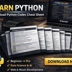 May include: Image promoting Python programming education. The text "LEARN PYTHON" is prominently displayed, along with "Download Python Codes Cheat Sheet." A laptop shows a Python cheat sheet. The image also includes a stack of printed cheat sheets and a "DOWNLOAD NOW" button.