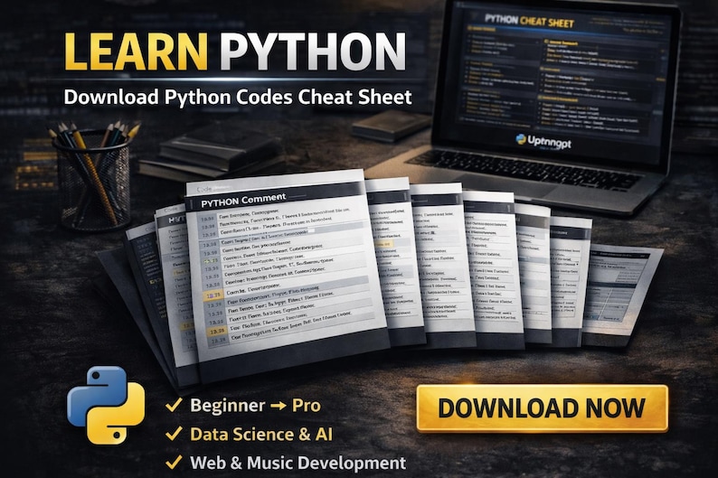 May include: Image promoting Python programming education. The text "LEARN PYTHON" is prominently displayed, along with "Download Python Codes Cheat Sheet." A laptop shows a Python cheat sheet. The image also includes a stack of printed cheat sheets and a "DOWNLOAD NOW" button.