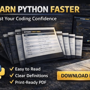Puede incluir: Imagen que promueve la educación en programación Python, con el texto "Learn Python Faster" y "Boost Your Coding Confidence". La imagen incluye un portátil, auriculares y un botón "Download Now". La hoja de trucos está etiquetada como "Easy to Read", "Clear Definitions" y "Print-Ready PDF".