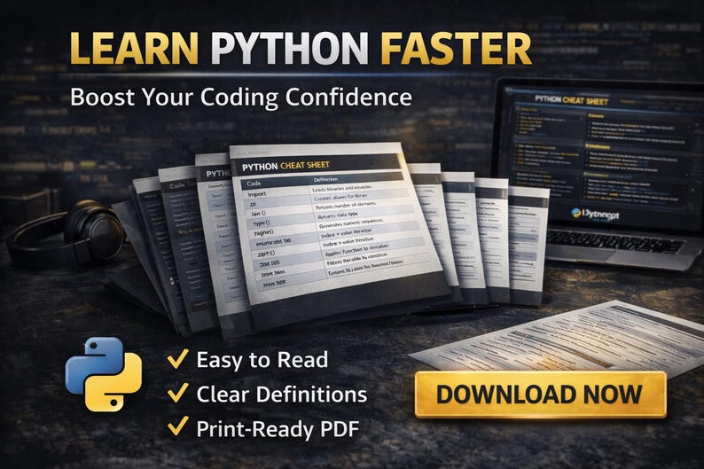 May include: Image of a Python cheat sheet with the text "Learn Python Faster" and "Boost Your Coding Confidence." The image includes a laptop, headphones, and a "Download Now" button. The cheat sheet is labeled "Easy to Read," "Clear Definitions," and "Print-Ready PDF."