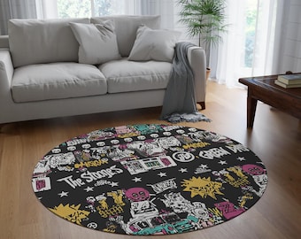 Punk Rock Band Collage Round Rug | Skull Graphic Floor Mat
