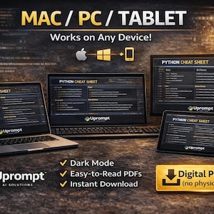 May include: Image of a laptop, desktop monitor, and tablet displaying a Python cheat sheet. The text "MAC / PC / TABLET Works on Any Device!" is at the top. The image also includes the text "Digital PDF (no physical item)".