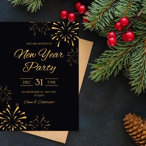 Digital New Year Party Invitation, Elegant Black and Gold Design for Celebrations, Perfect for Festive Gatherings, Ideal for Your Party