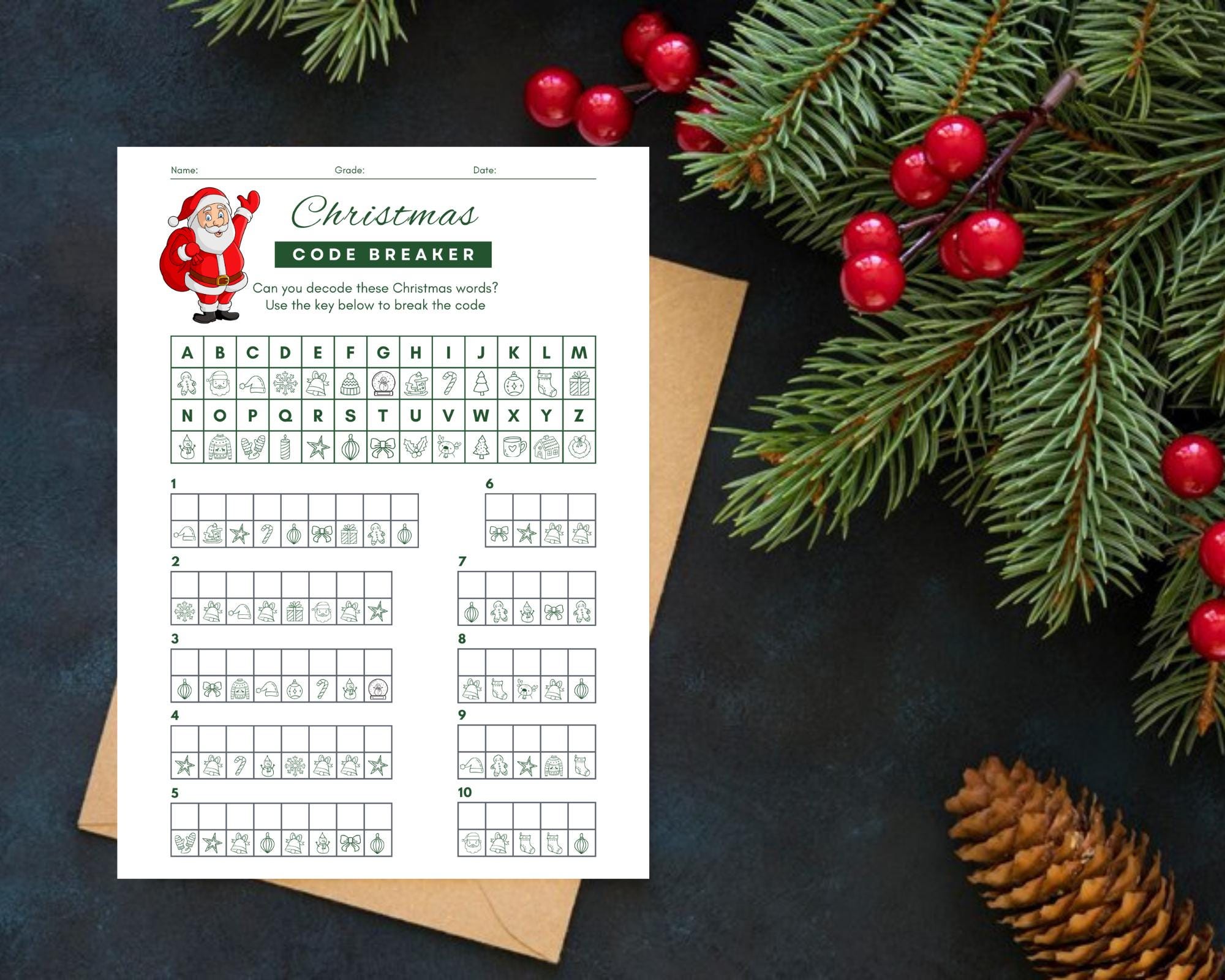 Christmas Code Breaker Worksheet, Downloadable Colorful Activity for Festive Fun, Unique Gift for Puzzle Lovers, Fun Gift for Young Minds
