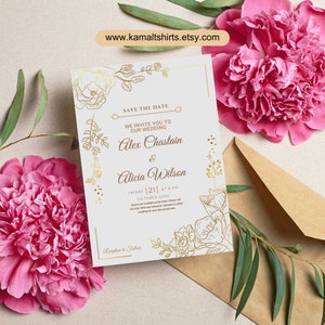 Minimalist Wedding Invitation Card with Golden Flower Design, Elegant Simple Invite, Wedding Stationery Suite