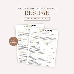 Peut inclure: Un modèle de CV noir et blanc avec des accents dorés. Le modèle présente une mise en page professionnelle avec des sections pour le résumé du profil, les compétences professionnelles, la formation et l'expérience professionnelle. Le texte "ABDE KAMAL" est affiché en haut du CV.