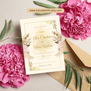 Golden Floral Wedding Card, Elegant Floral Design, Wedding Invitation, RSVP Card, Save the Date, Customized Card