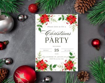 Christmas Party Invitation, Elegant White and Red Design, Downloadable PDF for Your Holiday Celebrations and Events, Stylish Invitation Card