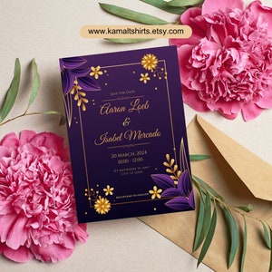 Purple and Gold Luxury Wedding Card, Elegant Invitation, Gold Foil Accents, Lavish Design, Elegant Wedding Stationery