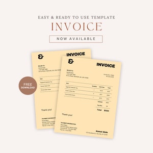 Peut inclure: Un modèle de facture jaune et noir avec le texte "INVOICE" et un symbole ampersand. La facture comprend une liste d'articles, de quantités, de prix unitaires et de totaux. La facture est de 500 €.