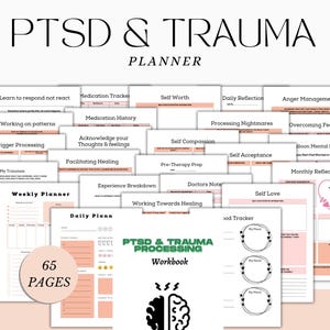Peut inclure: Un cahier de planification PTSD & Trauma de 65 pages. La couverture présente le titre en grandes lettres noires. À l'intérieur, il y a des pages pour la réflexion quotidienne, le suivi des médicaments et le traitement des cauchemars. Le planificateur comprend des sections pour l'amour-propre et la gestion de la colère.