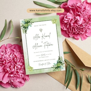 Simple Green Watercolor Wedding Invitation, Minimalist Invite Design, Elegant Wedding Details Card, Customizable RSVP