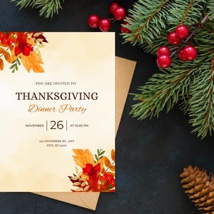 Cartão de convite editável para jantar de ação de graças, PDF para download para celebração festiva, presente de feriado perfeito, presente ideal para reunião de outono
