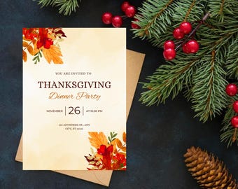 Editable Thanksgiving Dinner Party Invitation Card, Downloadable PDF for Festive Celebration, Perfect Holiday Gift,Ideal Fall Gathering Gift