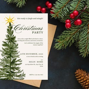 May include: A Christmas party invitation featuring a watercolour illustration of a green Christmas tree with a gold star on top. The invitation text reads "Get ready to jingle and mingle! Christmas Party" and includes the date, time, and location of the party.