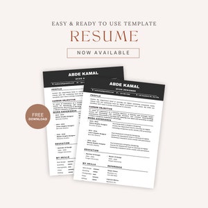 Peut inclure: Un modèle de CV noir et blanc avec le texte "EASY & READY TO USE TEMPLATE RESUME NOW AVAILABLE" en haut. Le CV est pour Abde Kamal, un concepteur UI/UX. Le CV comprend des sections pour le profil, l'objectif de carrière, l'expérience professionnelle, l'éducation et les compétences.