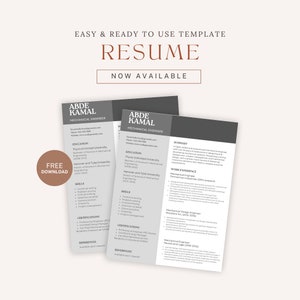 Peut inclure: Un modèle de CV gris et blanc avec le titre "CV" en grandes lettres noires en gras. Le modèle est conçu pour un ingénieur en mécanique et comprend des sections pour la formation, les compétences, les certifications et les références. Le texte "Téléchargement gratuit" est dans un rectangle brun en bas à gauche de l'image.