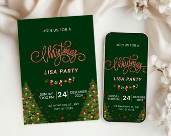 May include: A Christmas party invitation with a dark green background and red text. The invitation includes the words "Christmas" and "Lisa Party". The date is December 24, 2024. A smartphone displays the same invitation.