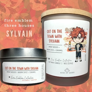 Sylvain | Fire Emblem-Inspired Scented Soy Candle | Out on the Town with Sylvain | Smoky Woods Caramel Spice